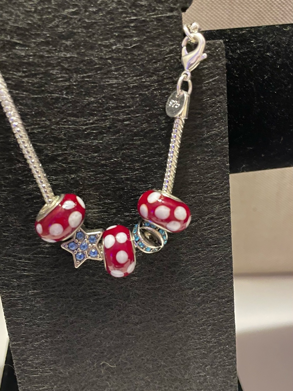 Silver & blue rhinestone Charm Bracelet with Red & White Polka Dot Glass Beads